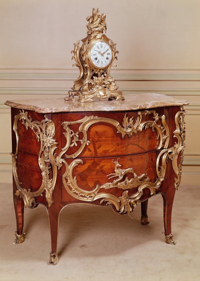 Marquetry Commode, Louis XV Period, by Bernard van Risenburgh and Ormolu Mantle Clock, Le Roy by Unbekannt Unbekannt